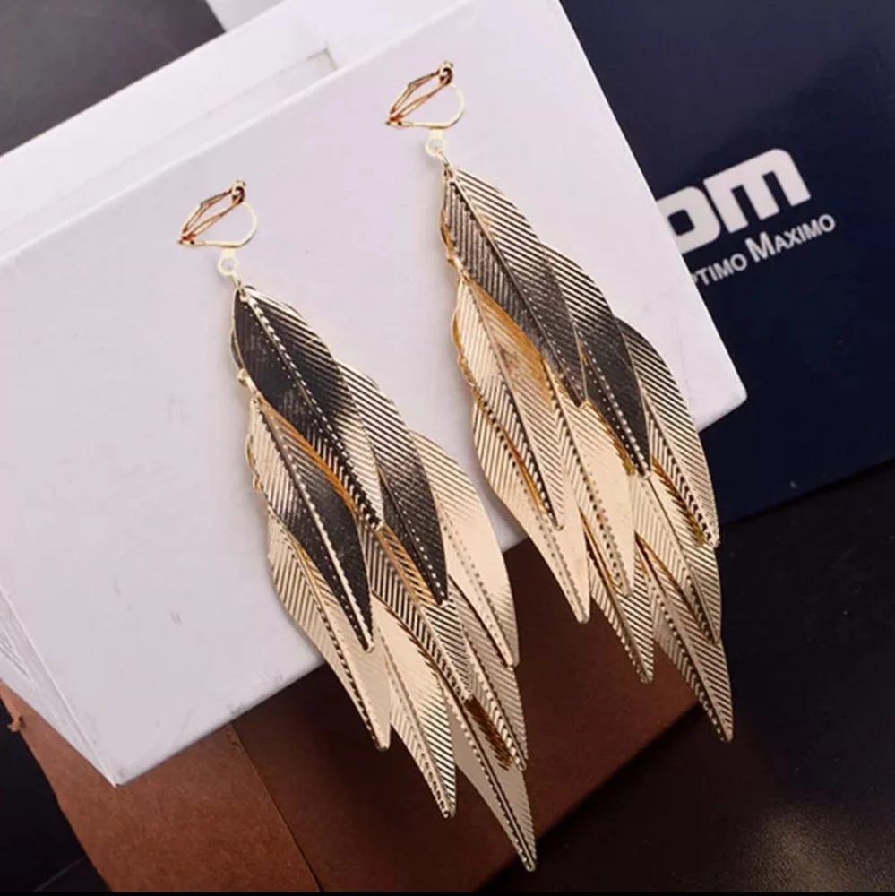Clip On Leaf Feather Chandelier Earrings - Picture 1 of 6